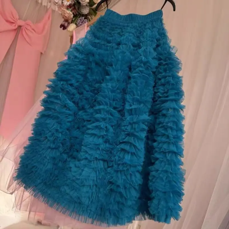 Peacock blue bud skirt cake  A word mesh  pear shape cover bibibiy long skirt  summer dress y2k skirt