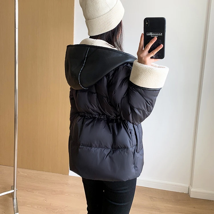 Schinteon Women Lambswool White Duck Down Jacket with Hood Autumn Winter Warm Outwear Casual Patchwork Coat European Style