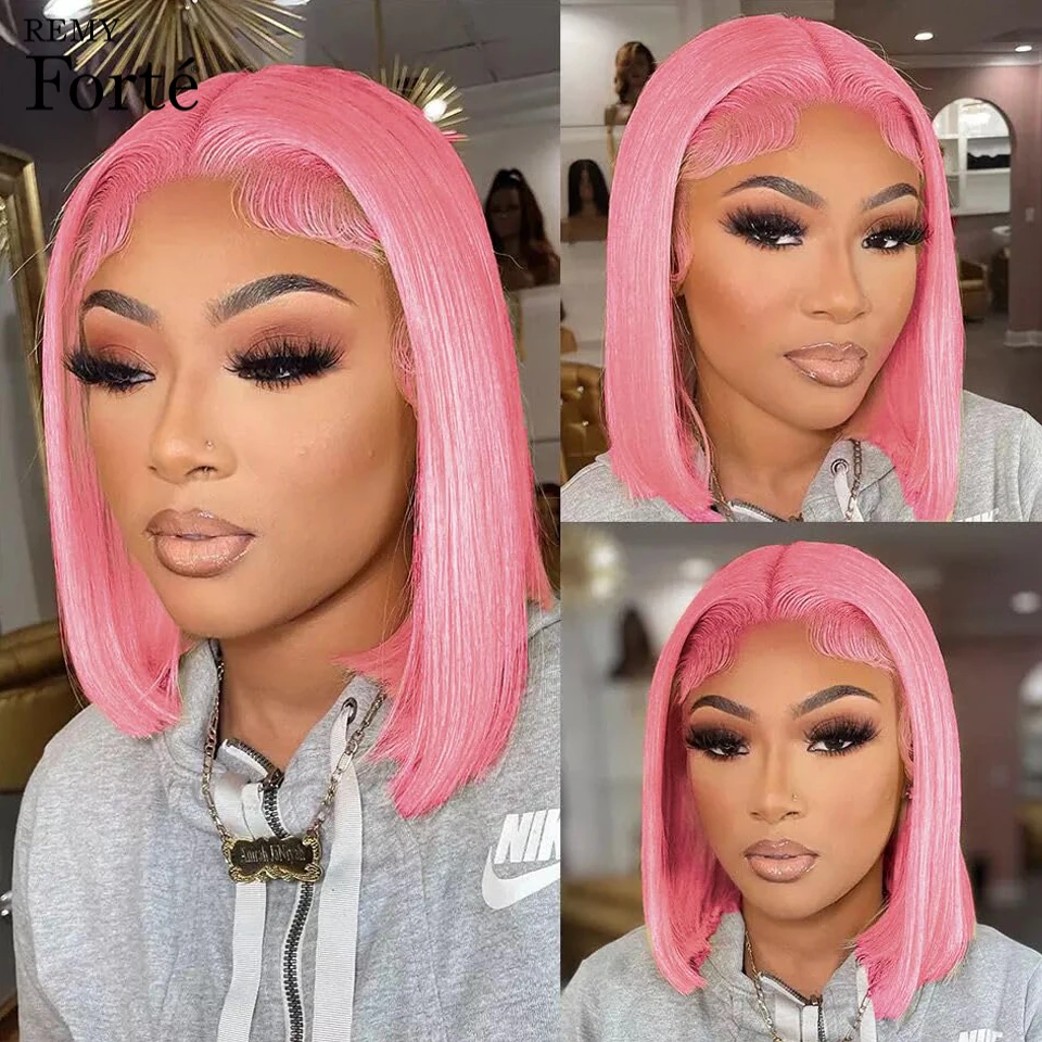 Pink Bob Wigs Human Hair Straight Transparent Pink Lace Front Wig Human Hair 180% Density Colorful Short Bob Wigs Human Hair