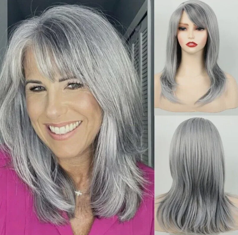 

Средний прямой серебристо-серый парик из синтетических волос для женщин, термостойкое волокно Natura