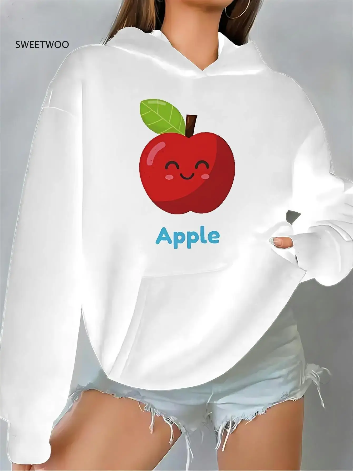 

Женская толстовка с капюшоном Cute Apple & Smiling Face — мягкий уютный пуловер с передним карманом, белый с красным яблоком