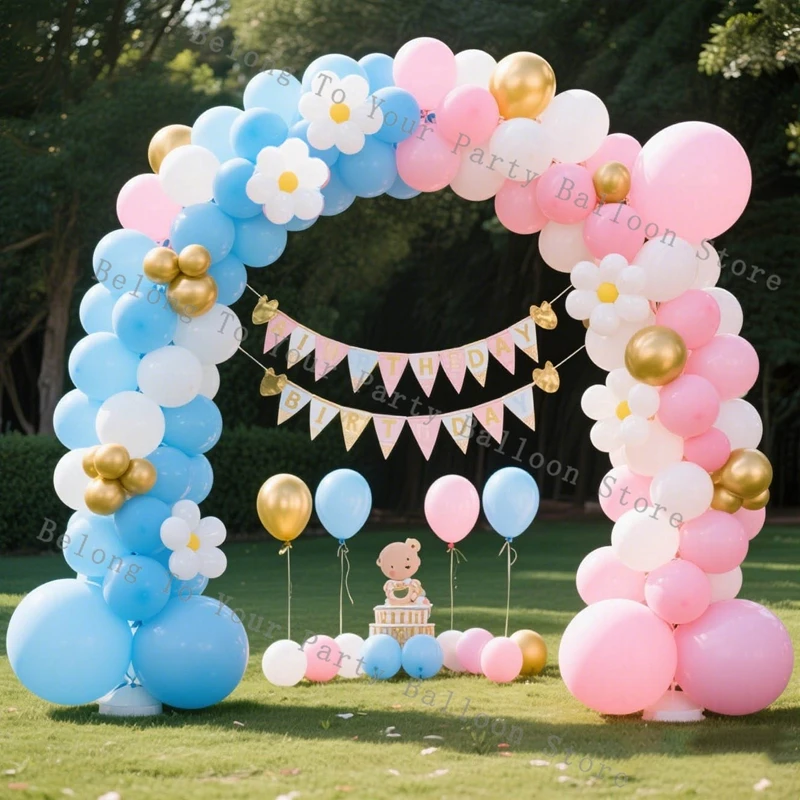 Guirlande de ballons de baptême pour bébé, feuille de fleur de marguerite, Kit d'arc de ballons à hélium, décorations de révélation du sexe, décor de fête d'anniversaire rose bleu