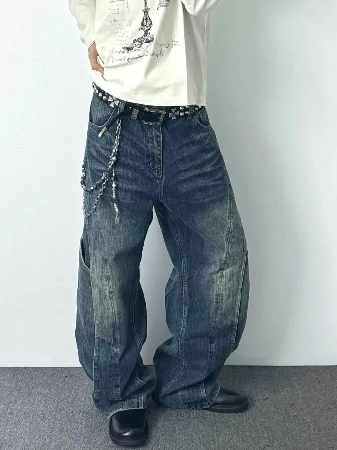 

Джинсы с американской талией в стиле ретро, свободные прямые широкие брюки для мужчин и женщин, летние повседневные джинсы Street Sle