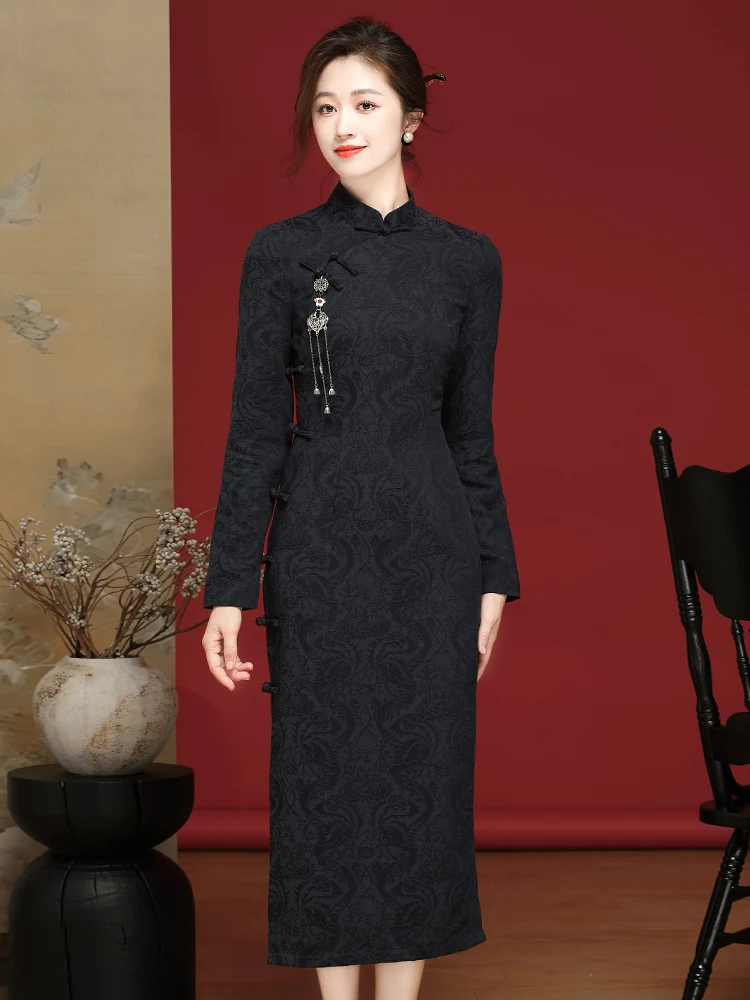 

Dorabana k Blue Full Slit Ele Retro Sle Embroidered Improved Mommy Clothes Daily Wear Cotton Blend Long Dr