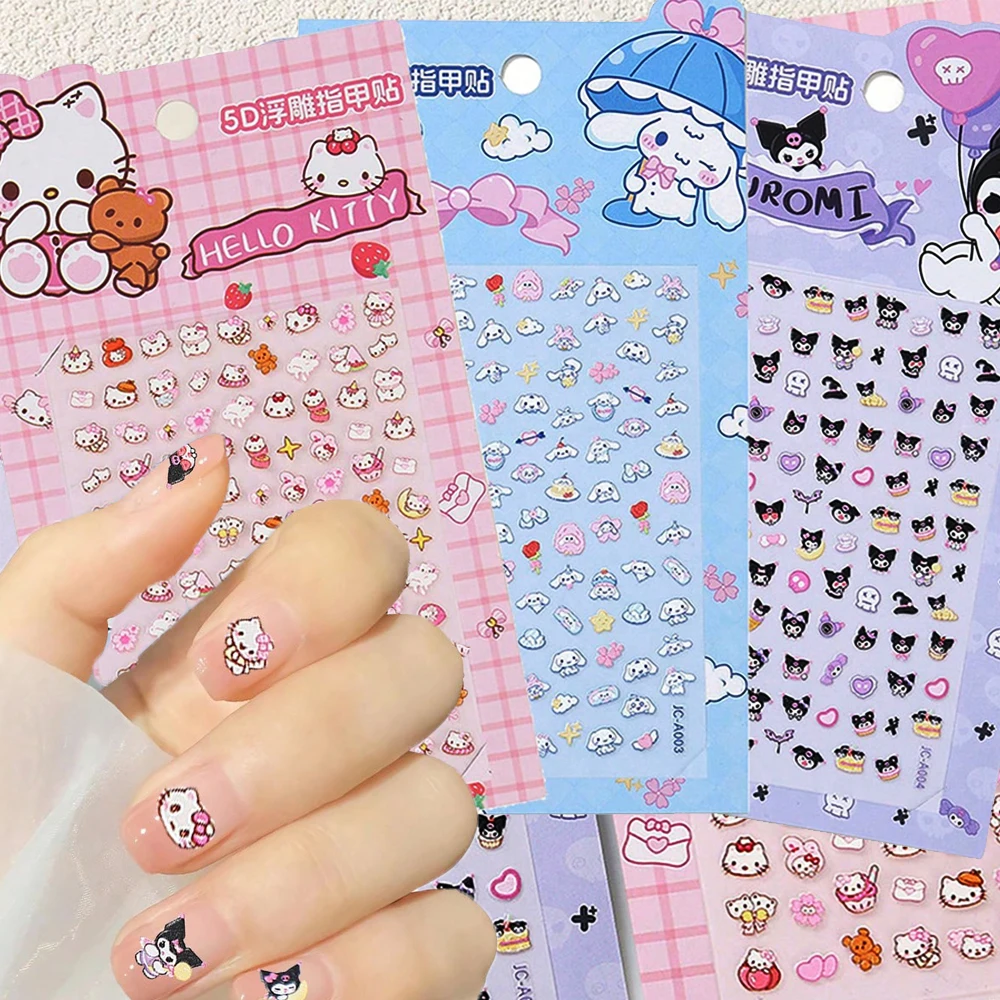 5D Miniso Hello Kitty/Big Eared Dog/Kuromi Cartoon Nail Sticker 8*10cm Pink Cute Kitty Nail Decal DIY Child Kawaii Kitty Slider