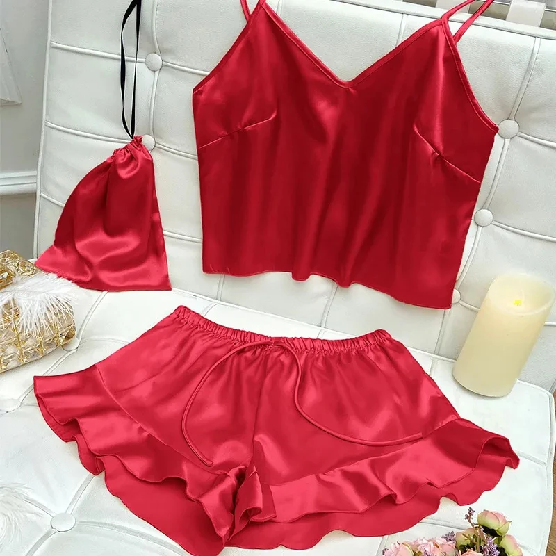 

2024 3 Pcs Set Ice Silk Pajama Sets Fashion Soild Suspenders and Shorts With Hanging Bag Home Wear Set Sexy Suspenders