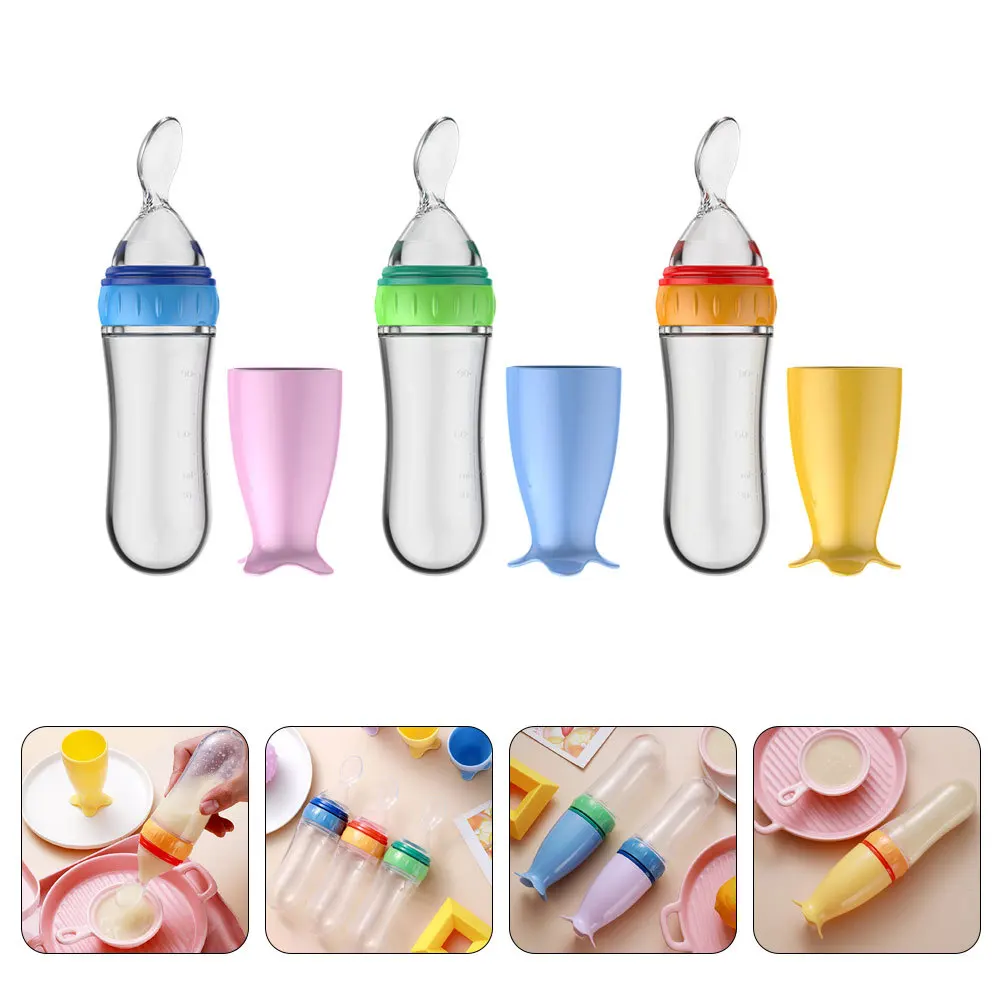 

3Pcs Baby Feeding Bottles Rice Cereal Spoon Bottle Assorted Color Flexible Comfortable Leakproof Silicone Food Dispenser