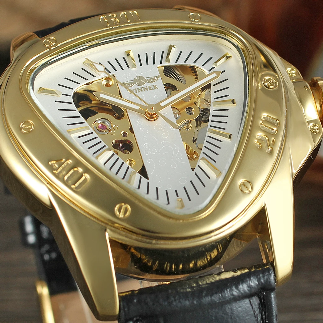 

WINNER Original Triangle Steel Skeleton Gold Watch for Men Automatic Movement Mechanical Clock Military Sports Male Wristwatches