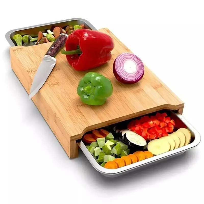 ABGH-Wood Cutting Board Slide Out Trays Catches Food And Waste Removable Drawers