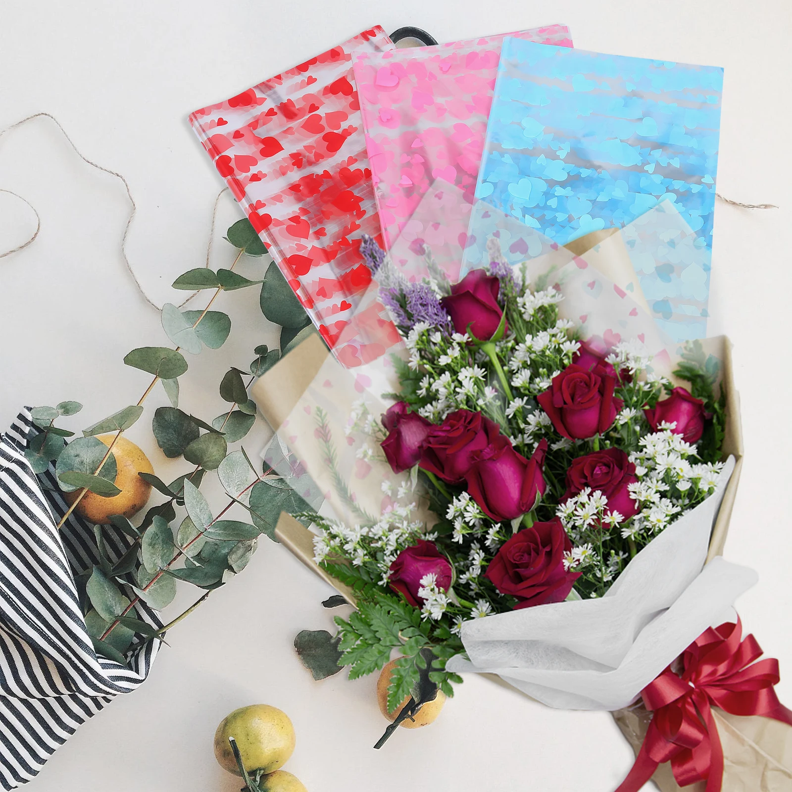 

Flower Wrapping Paper Heart Pattern Eco-Friendly Gift Packaging Wraps Durable Cellophane For Birthday Wedding Holiday