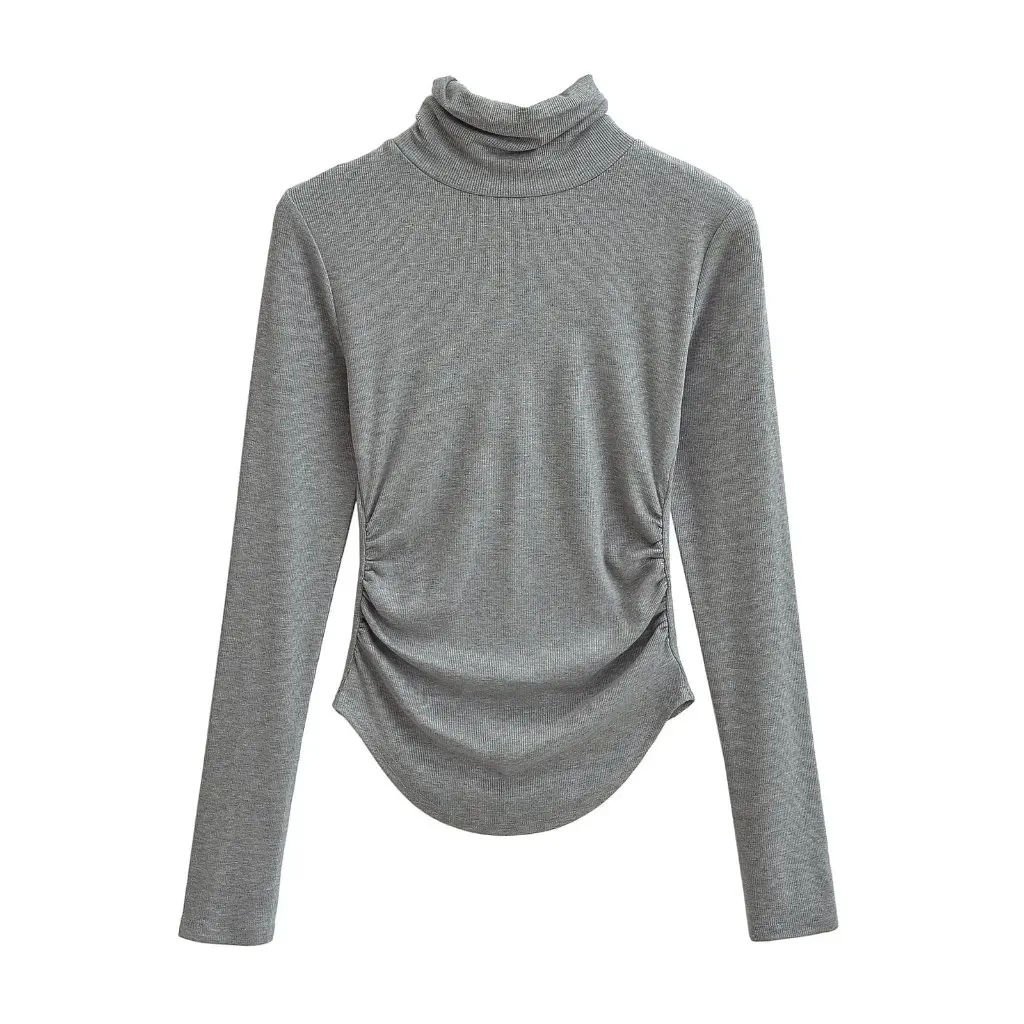 

Женская флисовая футболка с длинными рукавами и высоким воротником, плиссированная талия, обтягивающий дизайн, осень-зима, однотонный внутренний топ