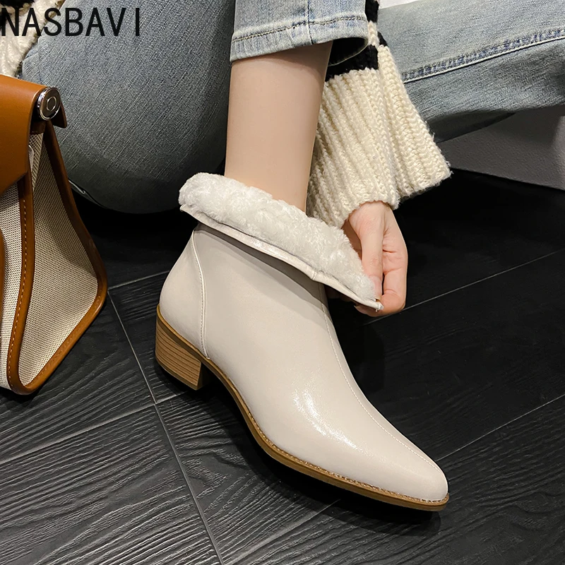 

NASBAVI News Fashion Women Ankle Boots Winter High Heels Wool Warm Cow Leather Shoes Pointed Toe Short Boots Snow Boots 34-40