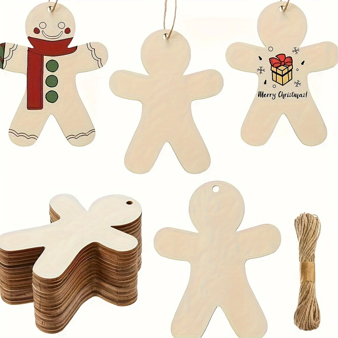 Unfinished Gingerbread Man Wooden Cutouts Blank Wood Tags with Rope for DIY Christmas Tree Hanging Ornament Crafts