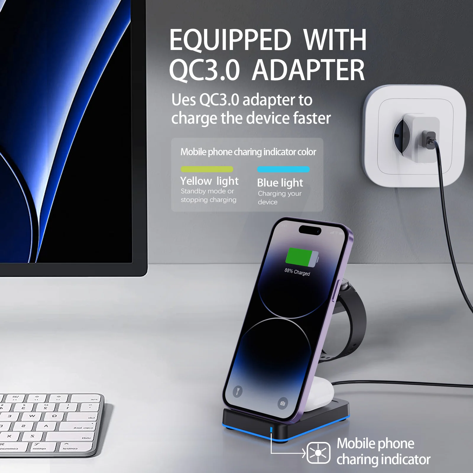 15W 3-in-1 Wireless Charger Stand Fast Charging for iPhone Apple Watch Samsung Watch Earbuds LED Lamp