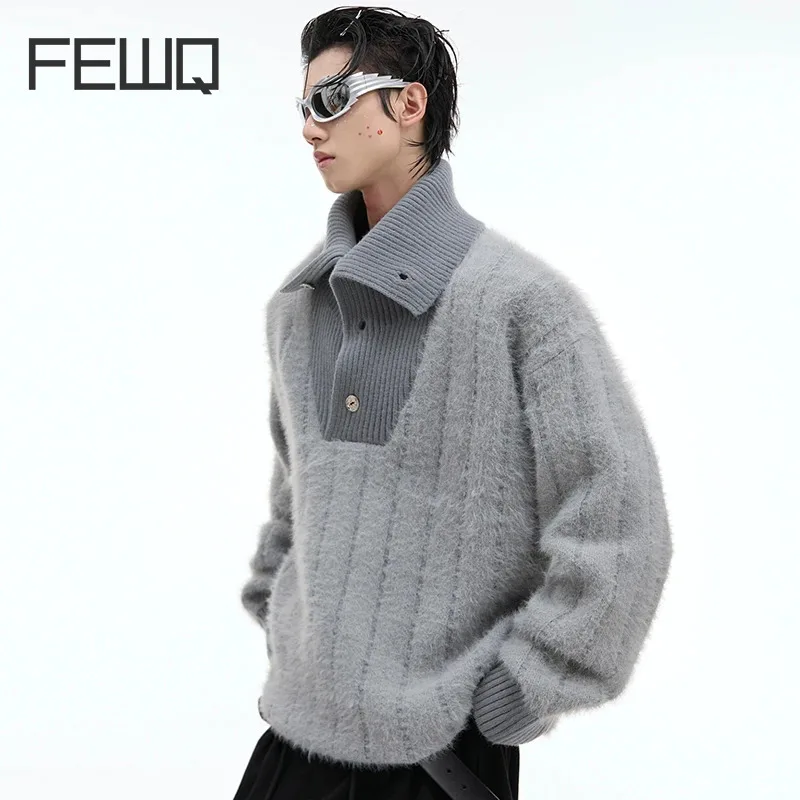 

FEWQ Autumn Winter Niche Striped High Neck Sweater Loose Knitted Patchwork Long Sleeve Contrast Color Male Tops Fashion 24E2101