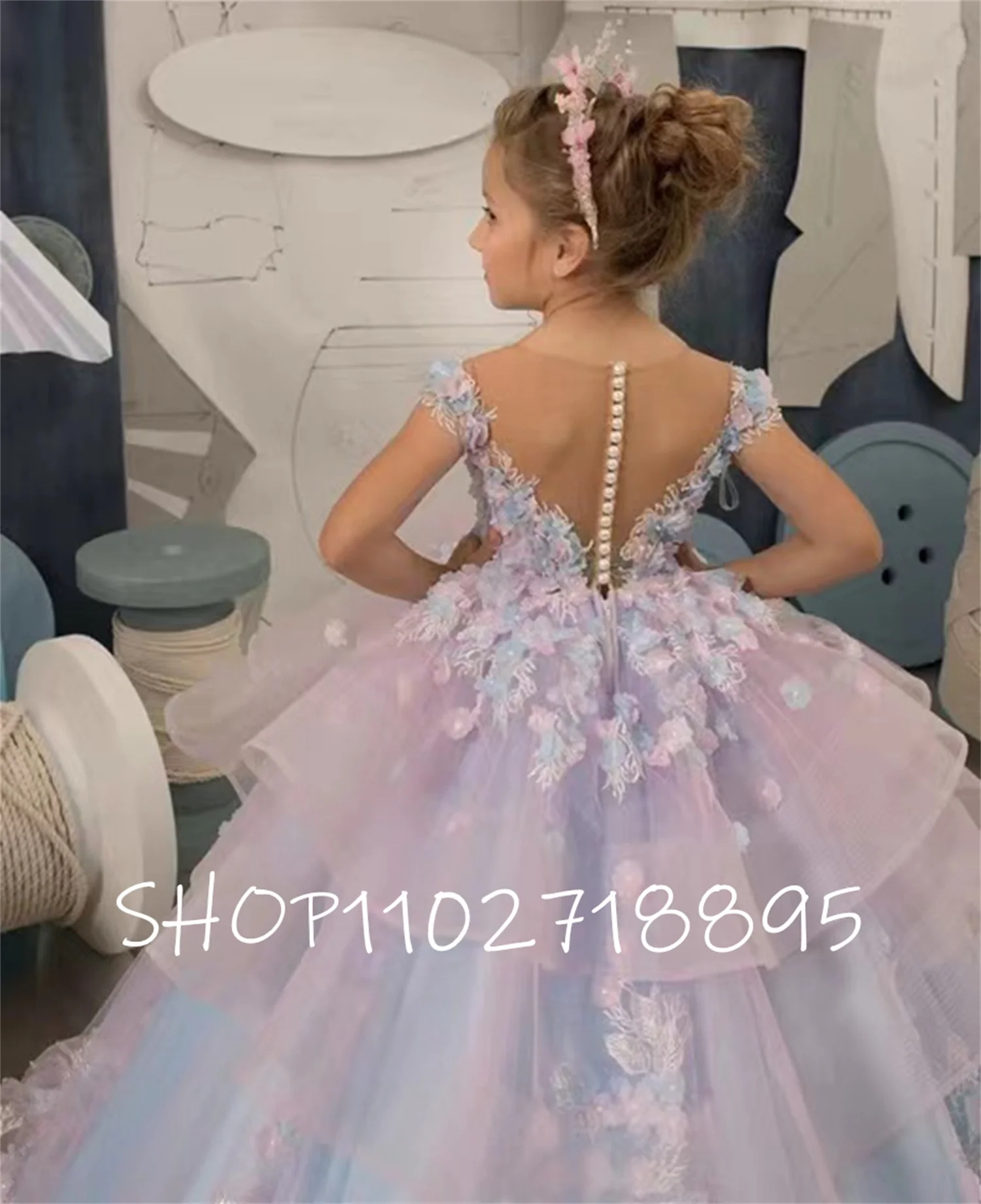 Vestido de niña de flores con escote Corazón Azul, vestido de fiesta de boda para niños, apliques de princesa, vestido de tren de cumpleaños, vestido de desfile, vestido lindo para niño