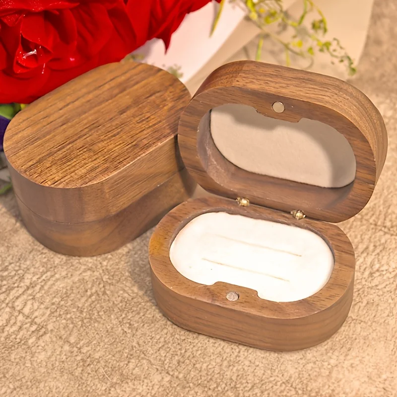 Large Oval Black Walnut Ring Box, Engraved Jewelry Gift Box, Vintage Case for Proposal & Couples