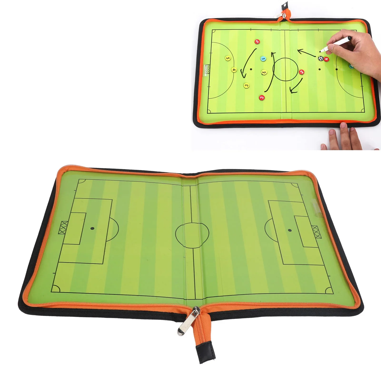 Tablero de entrenamiento de fútbol, tablero de entrenador de fútbol plegable con cierre de cremallera magnética de borrado en seco con rotulador para entrenadores