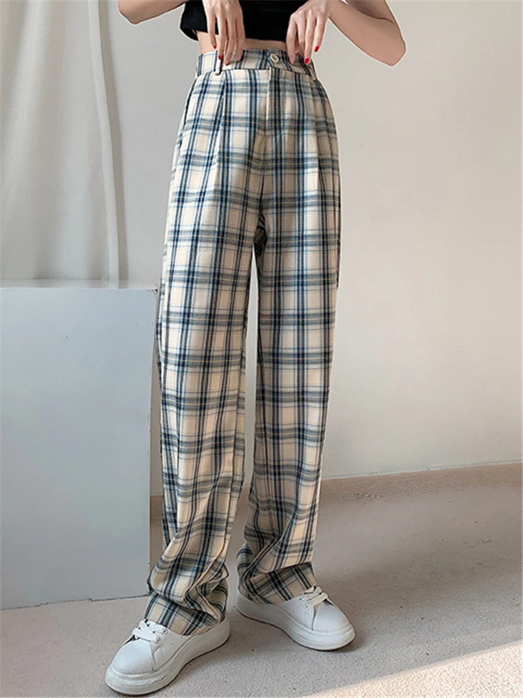 

High Waist Classic Plaid Wide Leg Women's Full Pants 2023 New Spring Summer Female Elegant Minimalism Straight Loose Trousers