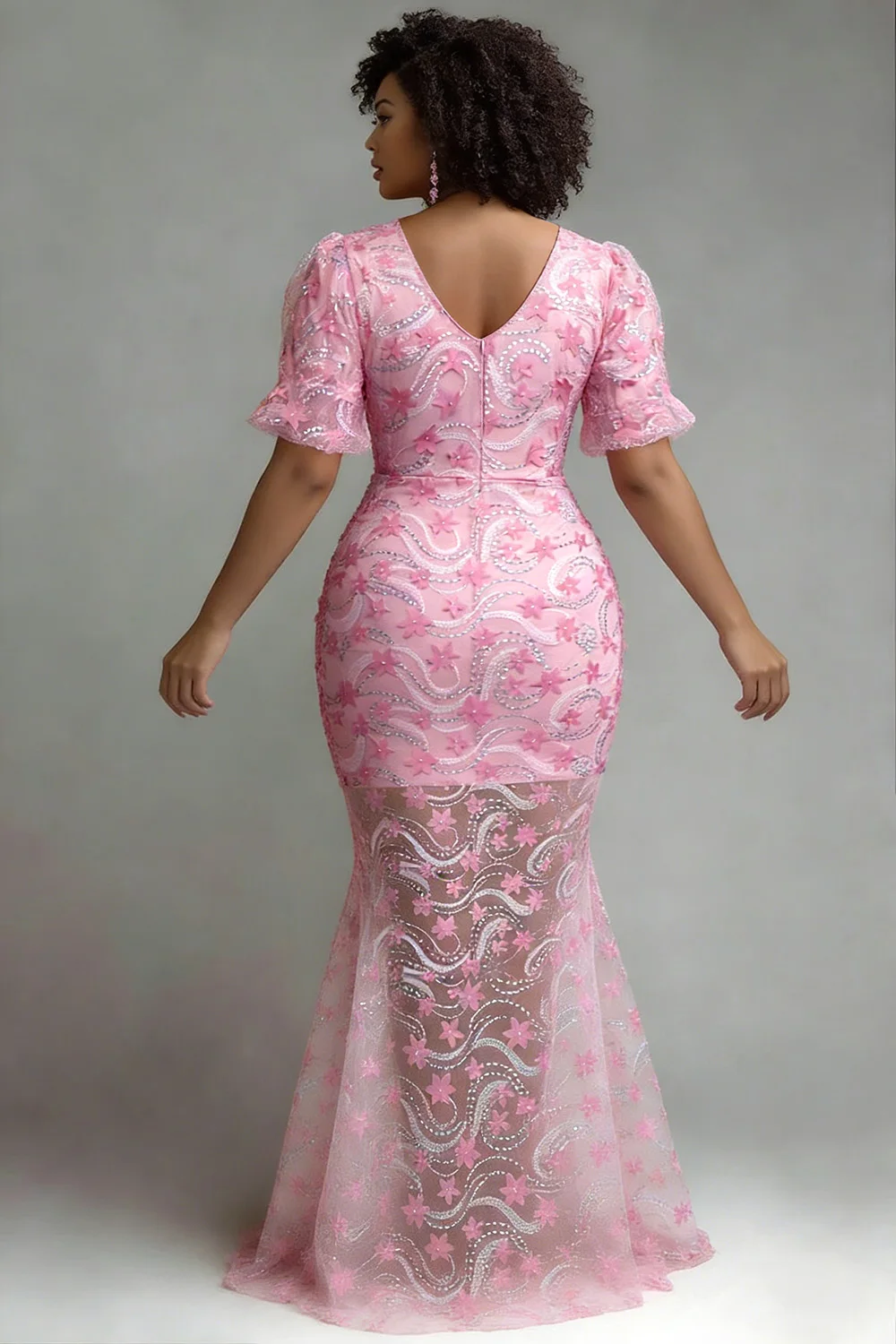 Plus Size Formal Pink V Neck Short Sleeve 3D Elegant Mermaid Maxi Dresses