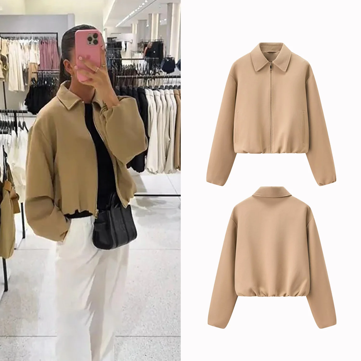 Women Casual Solid Short Jacket Coat Zipper Lapel Full Sleeve Pockets Elastic Cuff Jackets Autumn Lady Chic Street Outerwear