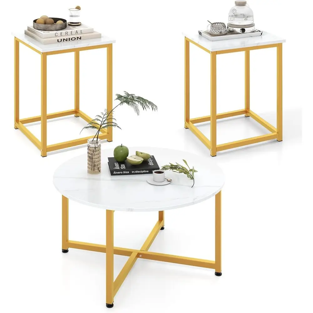 

3-Piece Nesting Table Set with Marble Coffee Table and Wooden End Tables, Sturdy Metal Frame, White & Gold Finish