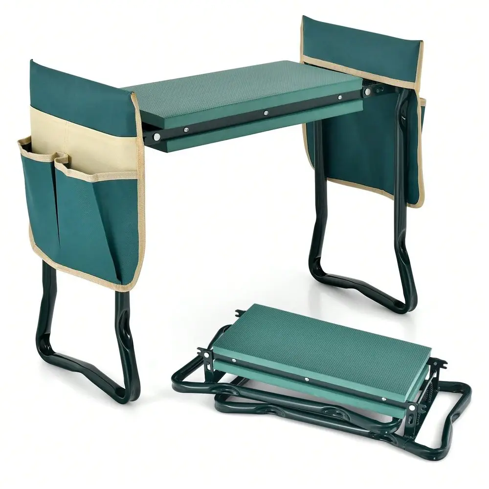 Folding Garden Kneeler Seat Bench W 2 Bonus Tool Pouches EVA Foam Pad