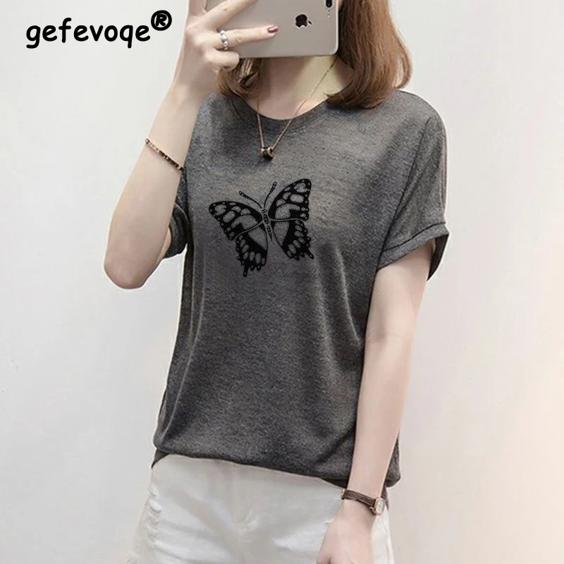 

Summer Fashion Rhinestone Butterfly Iron Tower Graphic Street Tee T Shirts Femmes Casual Women Short Sleeve Loose Tops Clothing