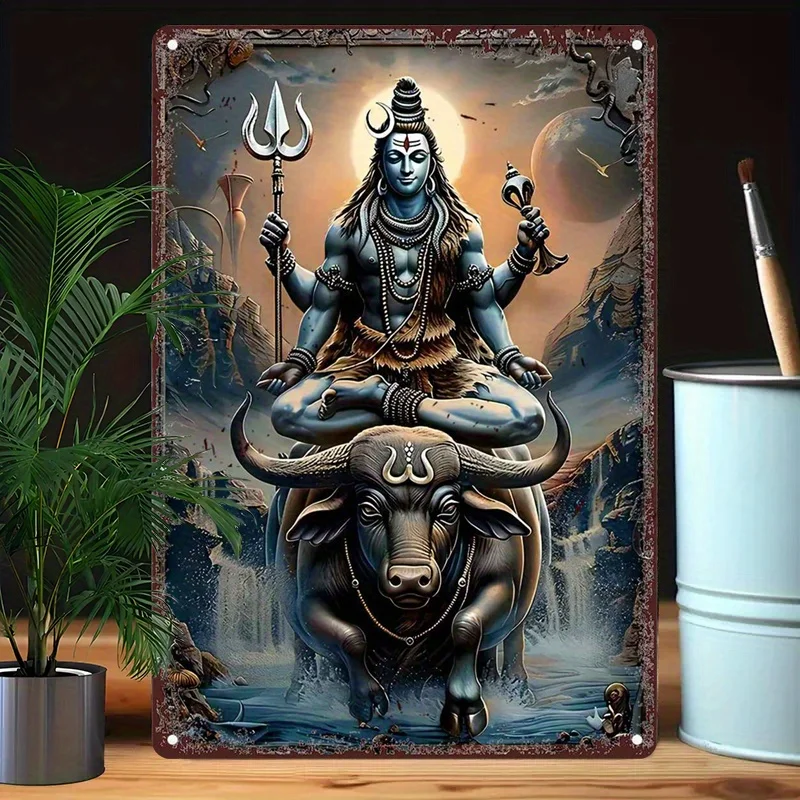 

1pc Vintage Lord Shiva on Nandi Metal Wall Art - Mystical Hindu Deity in Meditative Pose, Retro Tin Sign Decor for Home, Cafe