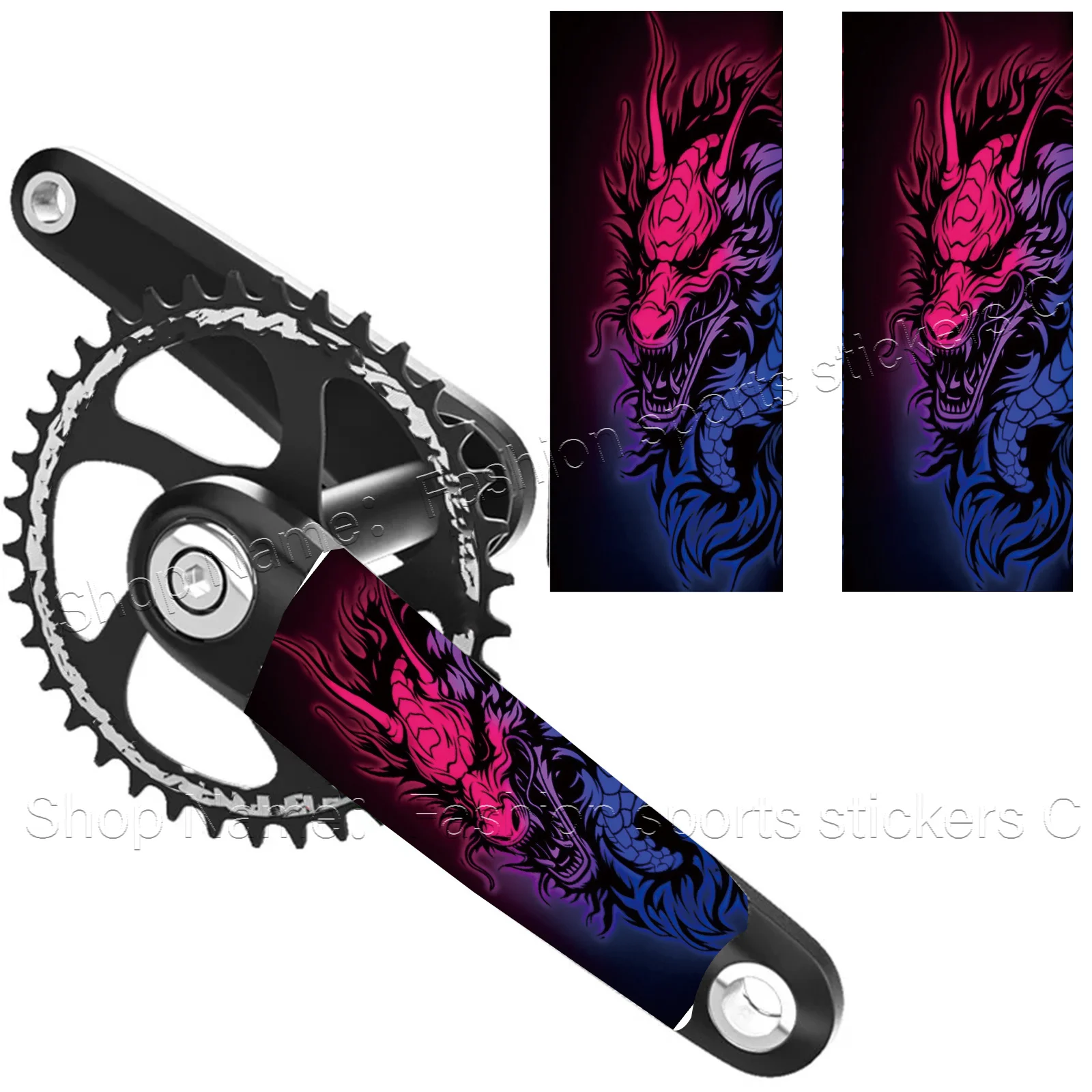 1 Set Neon Pink & Blue Dragon Pattern Waterproof Vinyl Crank Arm Stickers, Decals for MTB Road Bike