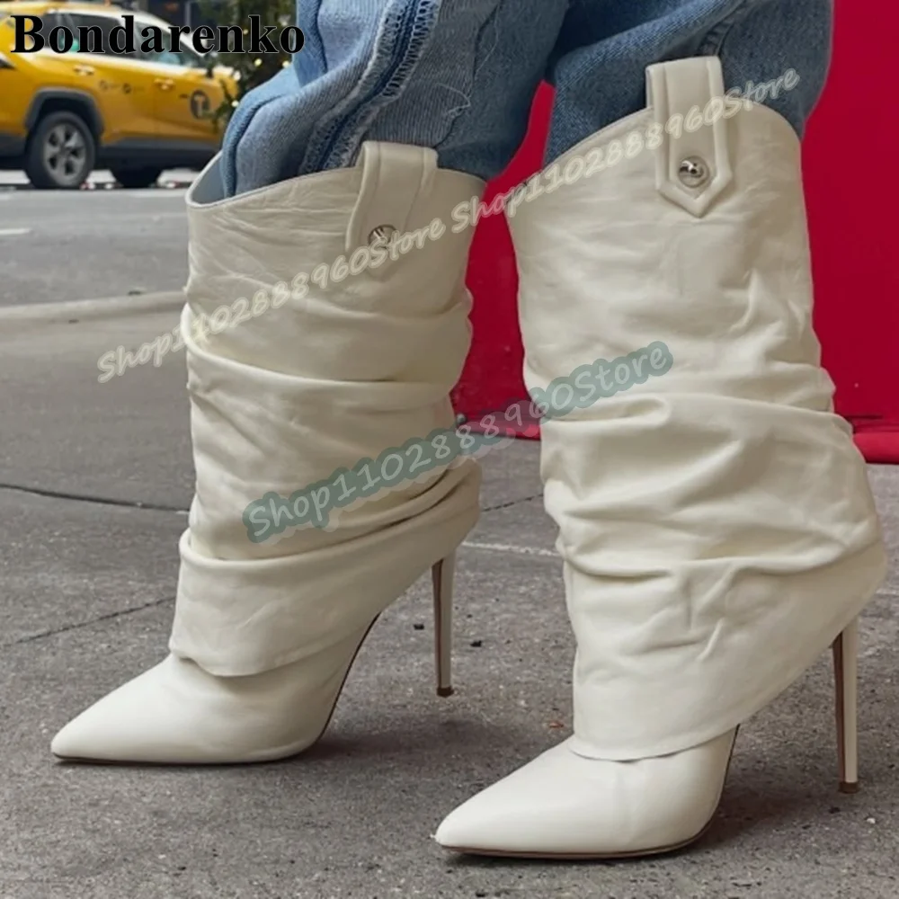 

Mid Calf White Leather Pleated Pointy Boots Stilettos High Heel Shoes For Women Slip On Pointed Toe Fashion Zapatos Para Mujer