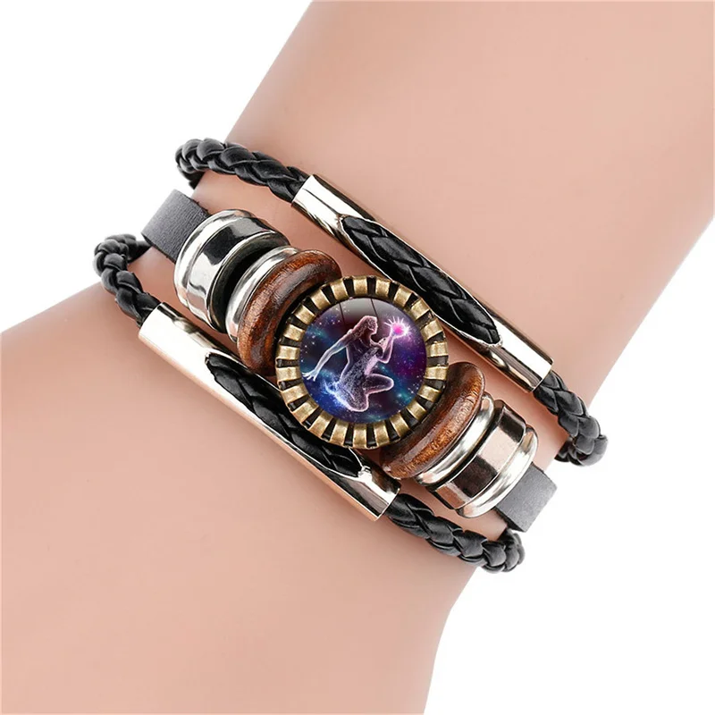 12 Constellation Zodiac Sign Black Braided Leather Bracelet Woven Glass Dome Jewelry Punk Bracelet New Year Present 1PC Браслет 