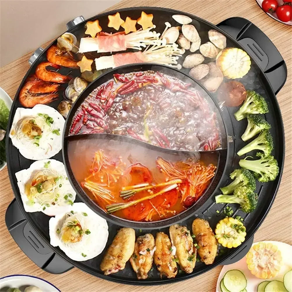 

Electric Grill Hot Pot, 2 In 1 Electric Smokeless Barbecue Shabu Hot Pot Separate Pot Plate Base Dual Temperature Control Easy