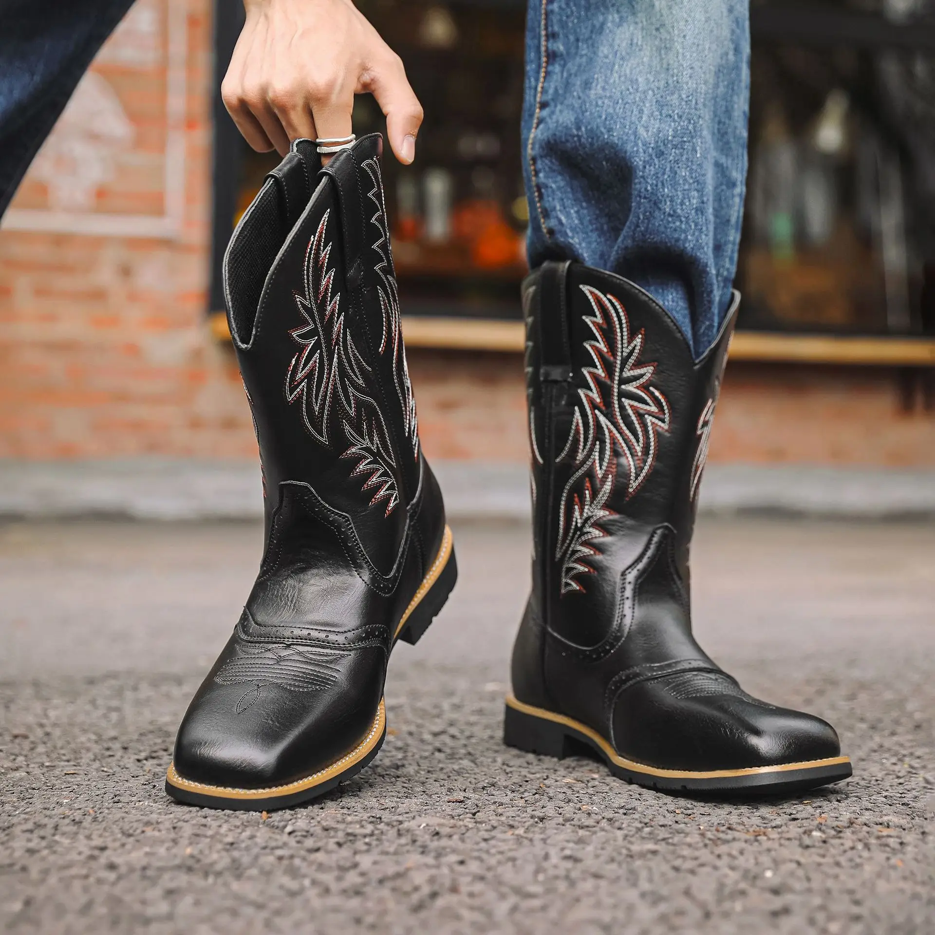 

Handmade Men Western Cowboy Boots Embroidery Square Toe Mid-calf Male Boots New Slip on Men Riding Boots Zapatos Hombre