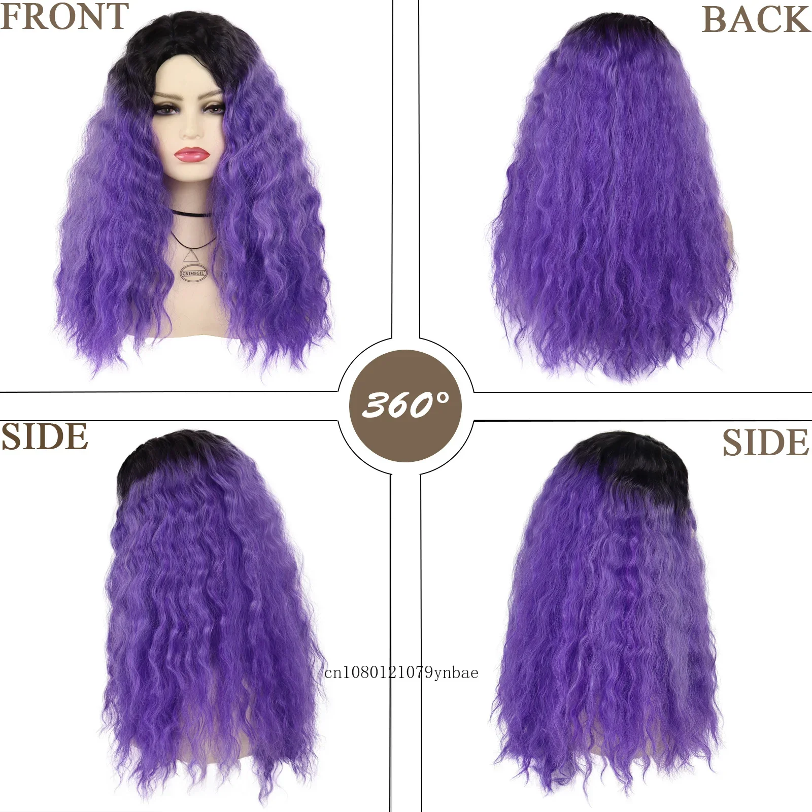 CosplayHalloween Purple Wigs Synthetic Dark Root Long Curly Wavy Wig with Bangs for Women Lady Natural Looking Cosplay Party Cos