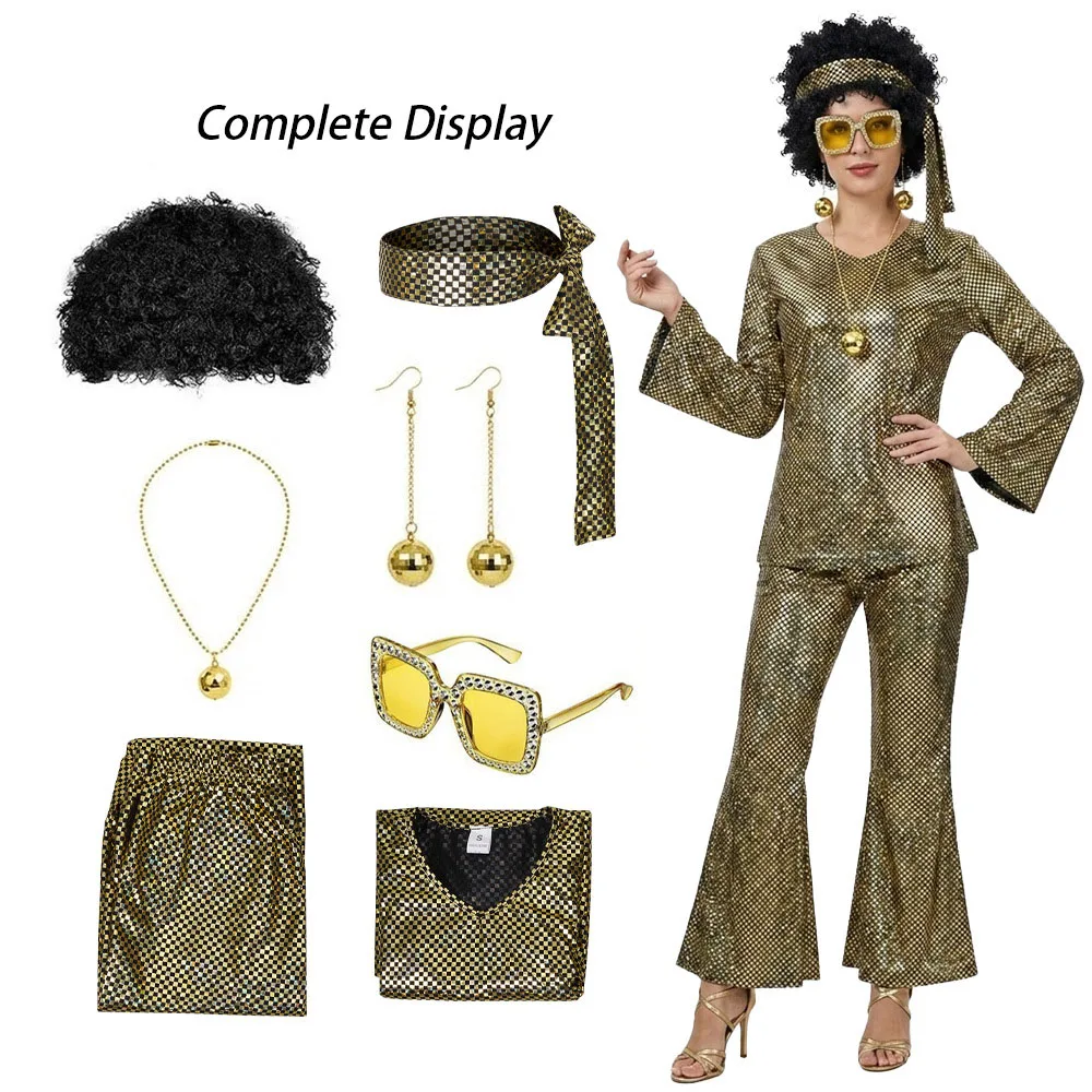 Ladies' Halloween disco party 70s disco costume set including top pants sunglasses necklace earrings and wig role-playing