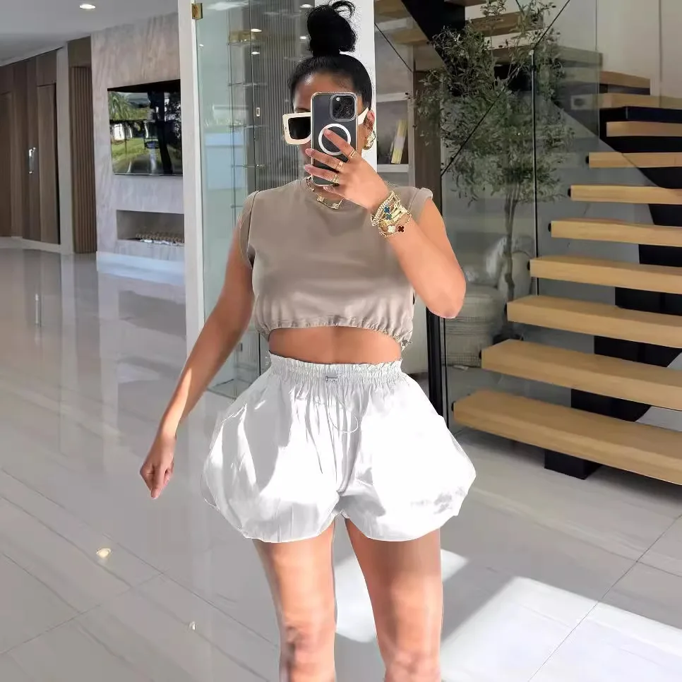 Shorts Women Short Pants Slim Fit Sexy Solid Regular Elegant Splice Elastic Waist Bubble Pant Casual Summer Drawstring Trousers