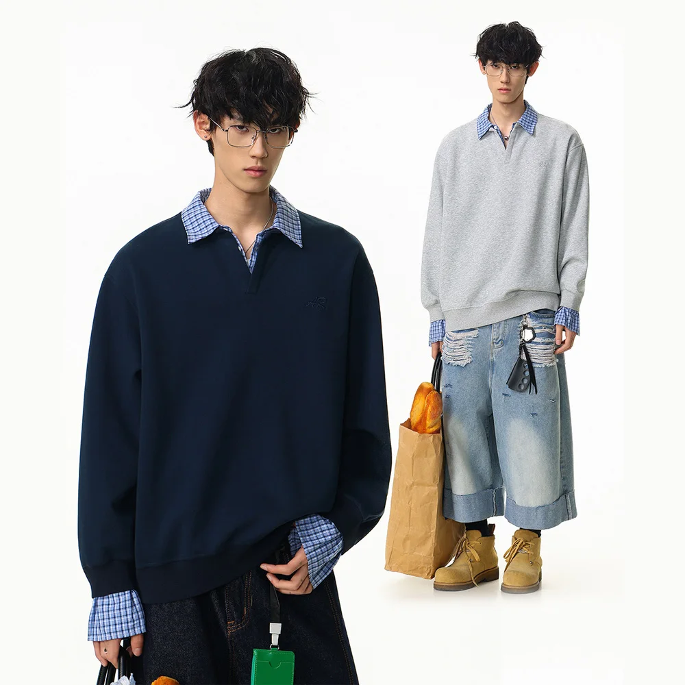 

Men Women Spring Autumn Japanese Streetwear Fashion Splice Plaid College Style Loose Casual Pullover Sweatshirts Sportwear Tops