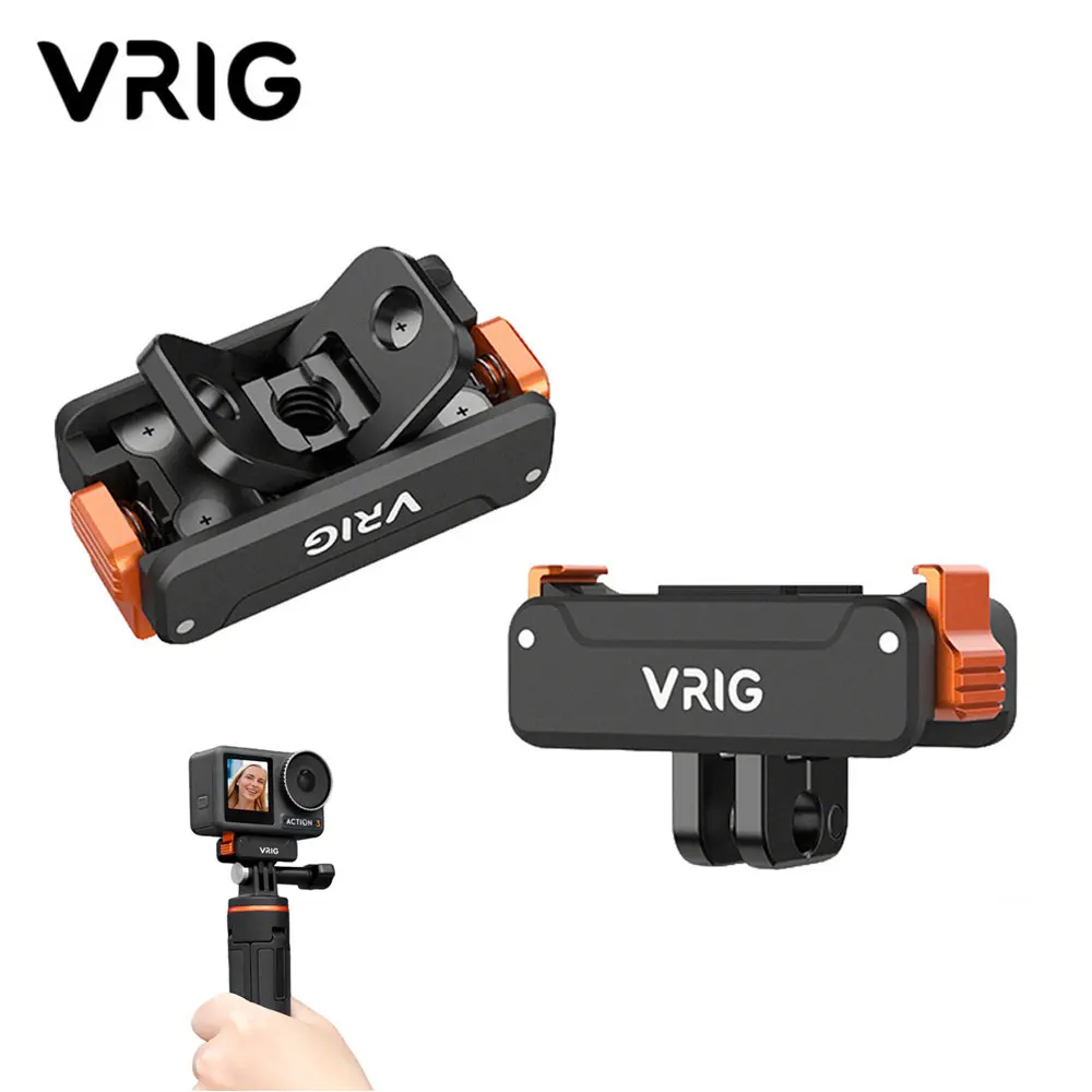 

VRIG Magnetic Buckle Camera Adapter Base For DJI Action 3/4/5 Pro W 1/4 +GOPRO Interface Foldable Quick-release Two Claw Mount