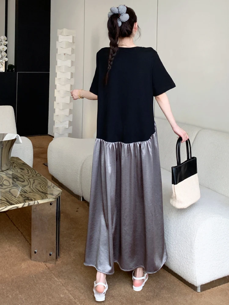 NYFS فستان صيفي 2025 كوريا نمط المرأة فضفاضة حجم كبير كم قصير المرقعة الدهون ملم فستان طويل رداء Elbise