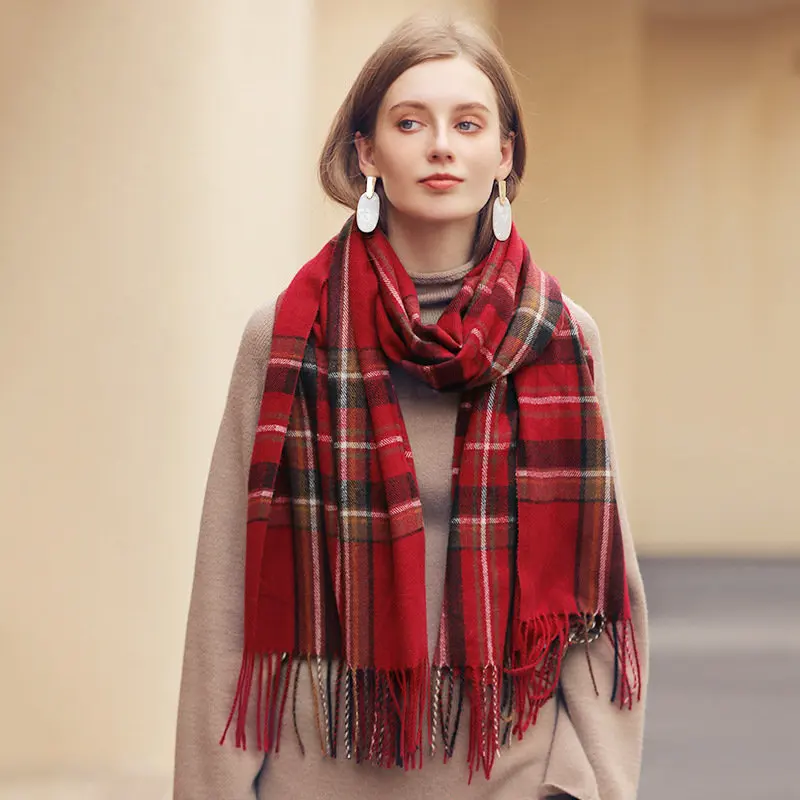 Bufanda de Cachemira de imitación para mujer, chal a cuadros de borla de invierno, bufanda cálida gruesa de longitud media