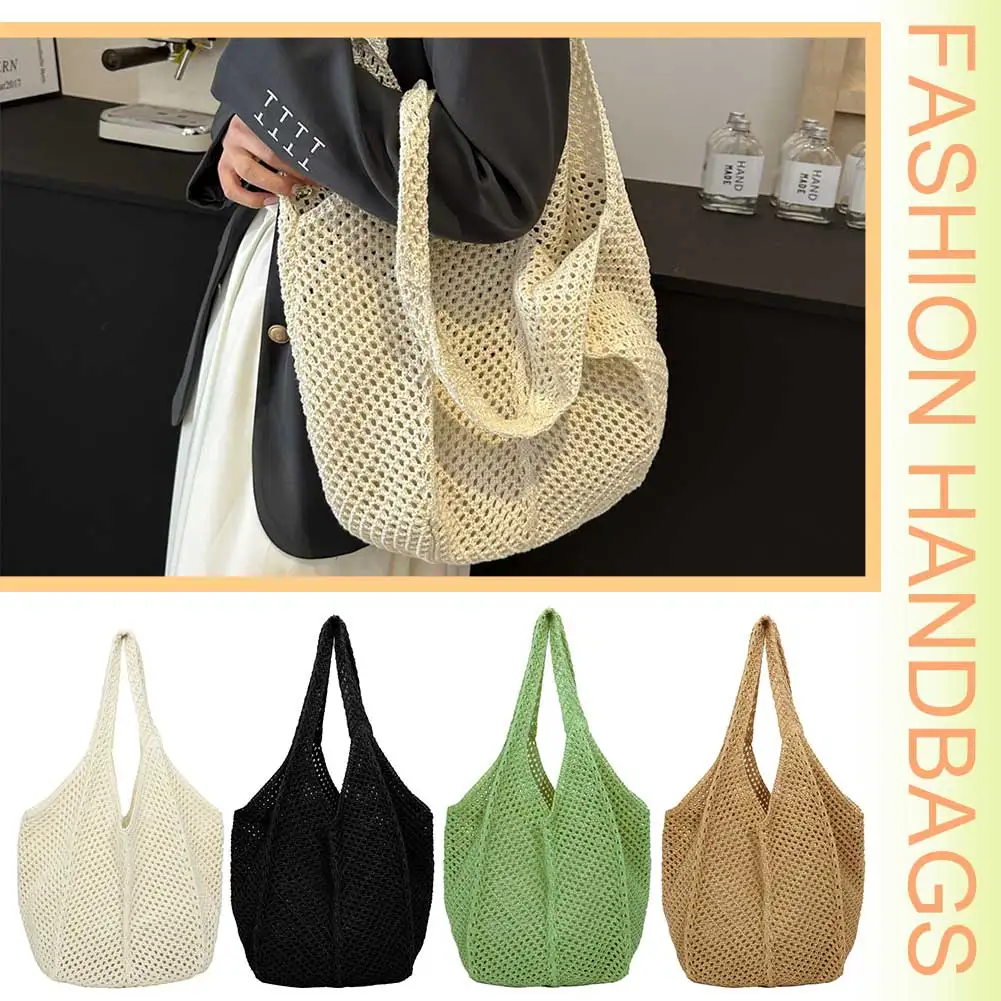 

Women Crochet Tote Bag Fashion Knitted Bag Large Capacity Simple Shopping Bag Solid Color Casual Handbag Vintage Vacation Bag