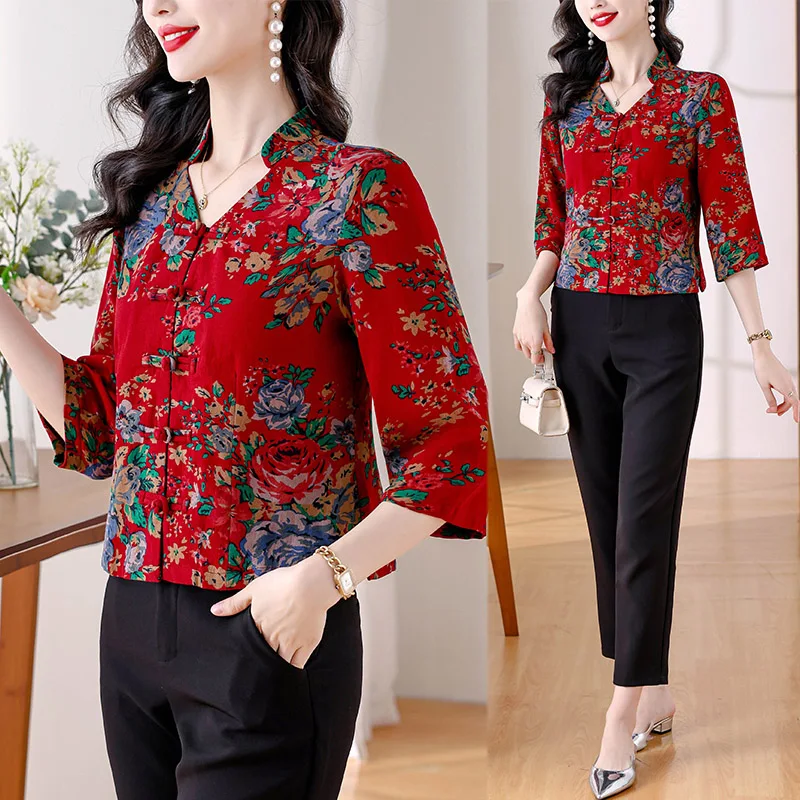 Women Clothing Vintage Chinese Style Chic Button Printing Shirt Summer V-neck Loose Plus Size Cardigan Lady Fashion Elegant Tops