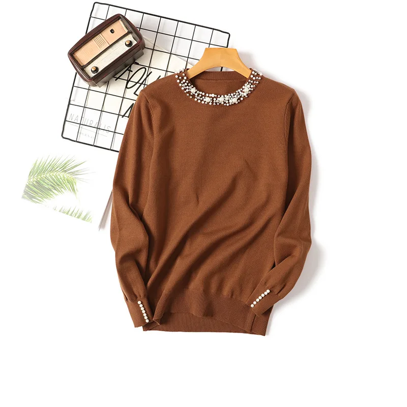 Autumn Winter Women Beaded Sweater 2022 O-Neck Elegant Sweater Jumper  Loose Casual Warm Femme Sweater Knitting Bottom Shirt