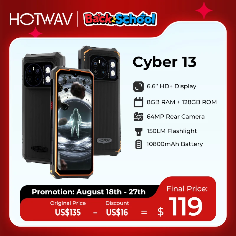 

Прочный телефон HOTWAV Cyber 13, 10800 мАч, массивная батарея, 8 ГБ, 128 ГБ, смартфон, фонарик 150 лм, 6,6 дюйма, HD + 64 МП, мобильный телефон Android 14