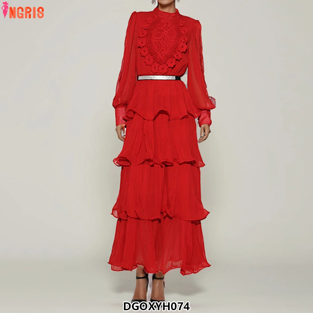 

Hotselling Casual Embroidered Lace Stand Collar Cake Sun Dress Party Women Evening Elegance Long Summer Dresses-DGOXYH074