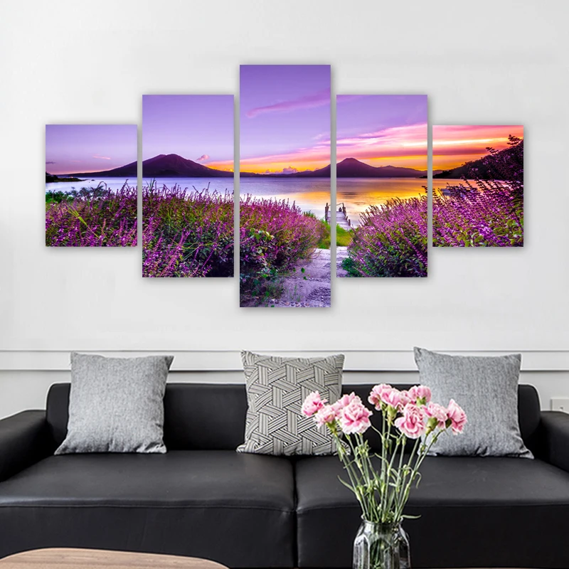 5 Panels Natural Landscape Posters Canvas Painting Lake Mountain Flower Pictures Wall Art For Living Room Modern Home Decoration