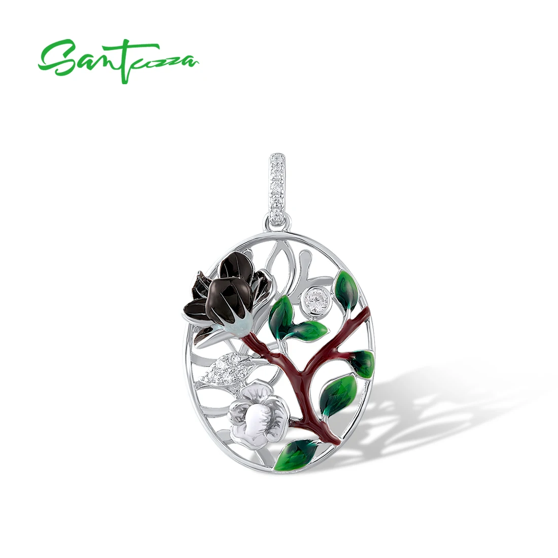 SANTUZZA Pure Silver Sterling Pendant For Women Sparkling White CZ Elegant Colorful Enamel Flower Wedding Gifts Fine Jewelry