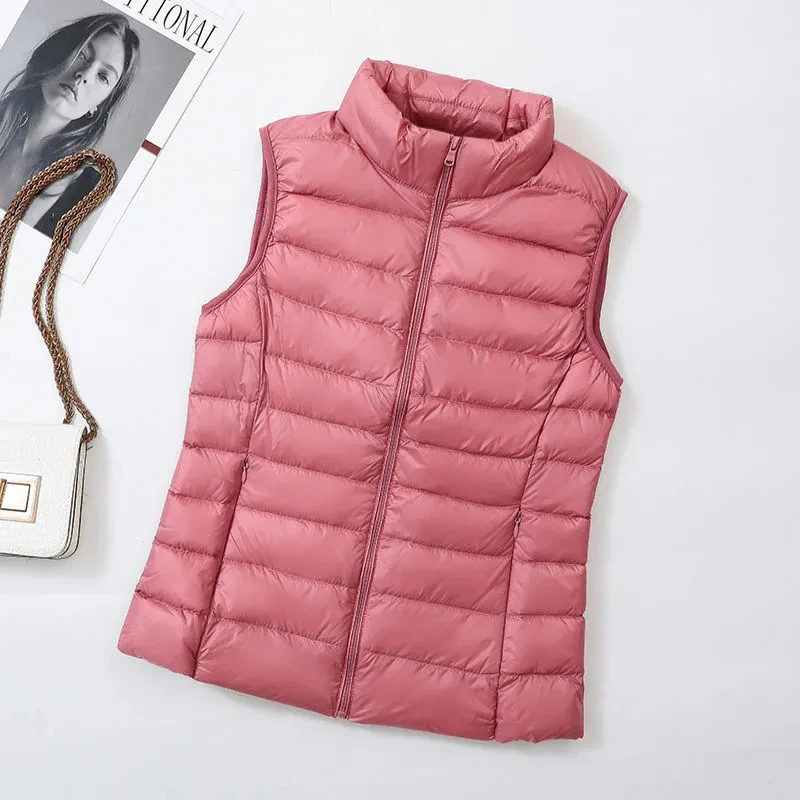 Winter Women Light White Duck Down Vest Warm Sleeveless Waistcoat Parka Female Stand Collar Down Coat Short Tops