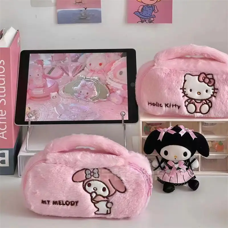 Sanrio Hello Kitty Kuromi Plush Pencil Case Cute Cartoon Kuromi My Melody Portable Writing Case Stationery Supplies Gifts